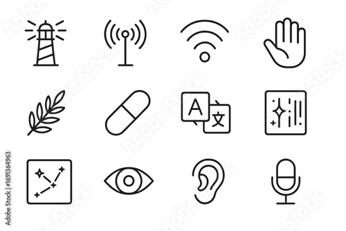 First-Contact Icon Set. Outline icon set of first-contact identity reflections: beacon tower, radio antenna, signal wave, open