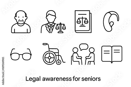 Legal Icons for Seniors. Outline icon set of Legal awareness for seniors: elderly person, lawyer, pamphlet,