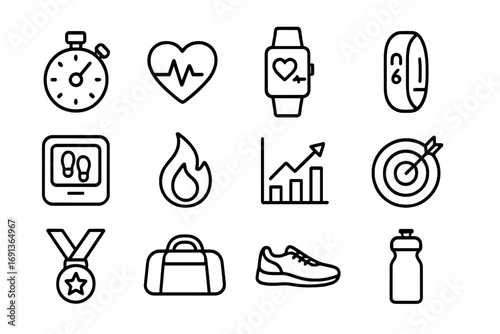 Fitness Icon Set. Outline icon set of Fitness tracking and motivation: stopwatch, heart rate monitor, smart watch, fitness tracker