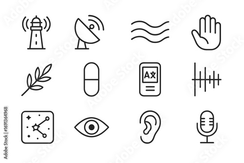 First-Contact Icon Set. Outline icon set of first-contact identity reflections: beacon tower, radio antenna, signal wave, open