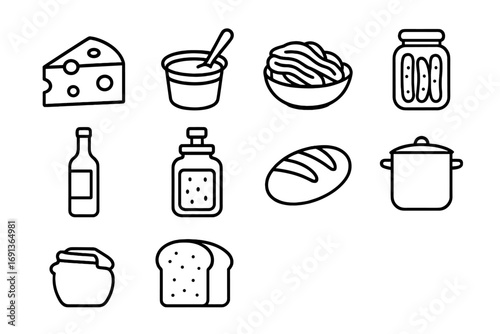 Fermented Foods Icons. Outline icon set of Fermented foods history: cheese, yogurt, kimchi, pickles, wine