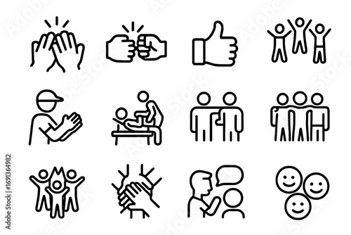 Fitness Encouragement Icons. Outline icon set of Team encouragement in fitness: high-five, fist bump, thumbs up, cheering group,