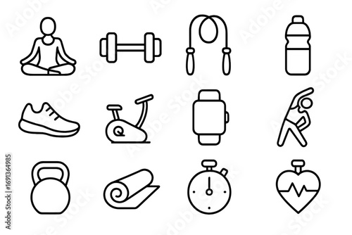 Fitness Icon Set. Outline icon set of fitness and wellness: yoga pose, dumbbell, skipping rope, water bottle, running shoes,