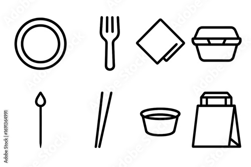 Street Food Utensil Icons. Outline icon set of street food utensils: paper plate, disposable fork, napkin, food container,