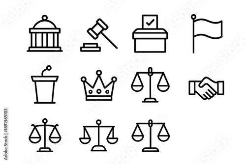 Political Icon Grid. Outline icon set of Political power: government building, gavel, ballot box, flag, podium