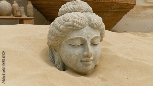 Serene Buddha Head Emerging from Sand Dune Evokes Peace and Meditation Display