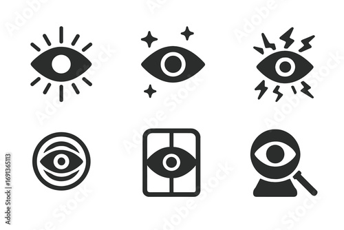 Supernatural Sight Icons. Solid, filled icon set of supernatural sight: glowing eye, night vision, x-ray eye, energy scan,