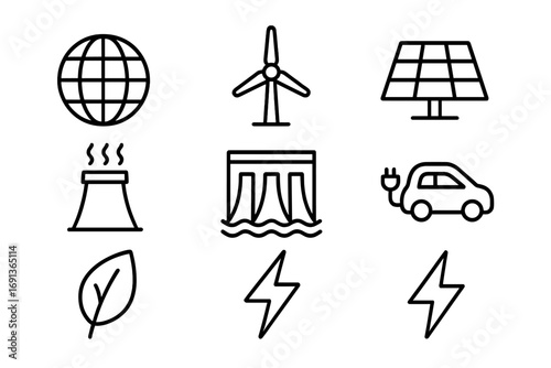 Clean Energy Icons. Outline icon set of global clean energy: globe, wind turbine, solar panel, geothermal