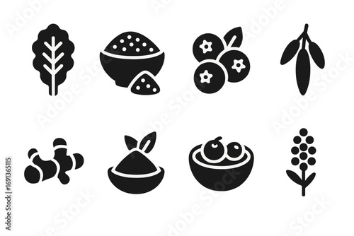 Superfoods Icon Grid. Solid, filled icon set of superfoods: kale leaf, chia seeds, blueberries, goji berries, turmeric root,