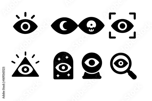 Supernatural Sight Icons. Solid, filled icon set of supernatural sight: glowing eye, night vision, x-ray eye, energy scan,