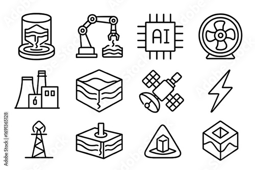 Geothermal Tech Icons. Outline icon set of future geothermal technology: hologram, robot arm, AI chip, turbine