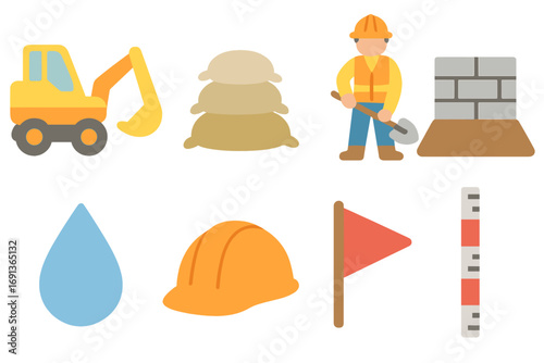 Flood Control Icons. Flat vector mini-illustrations Dam embankment reinforcement in colors children's illustrations: earth mover,