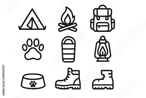 Camping with Pets Icons. Outline icon set of Camping with pets: tent, campfire, backpack, paw print, sleeping