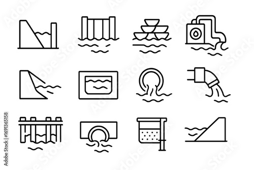 Flood Prevention Icons. Outline icon set of flood prevention systems: levee wall, floodgate, sandbag barrier, pump station,