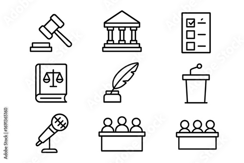 Legislative Icon Set. Outline icon set of Legislative process: gavel, parliament building, voting ballot, law