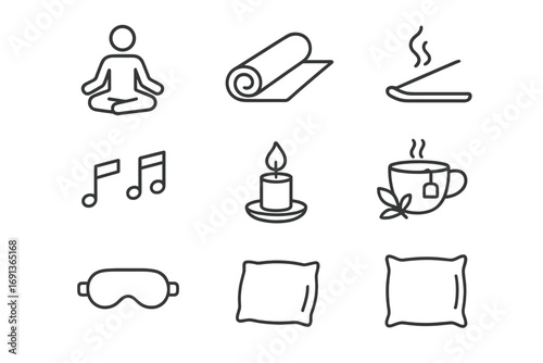 Sleep Relaxation Icons. Outline icon set of Relaxation before sleep: meditation, yoga mat, incense, music