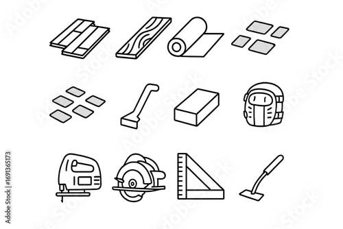 Flooring Tools Icons. Outline icon set of Flooring installation: laminate plank, hardwood plank, underlayment roll, spacers, pull