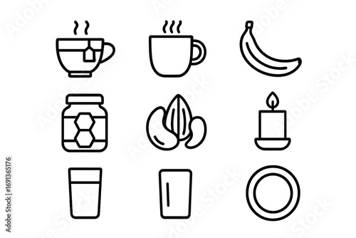 Sleep-Inducing Foods Icons. Outline icon set of Sleep-inducing foods and drinks: herbal tea, warm milk, banana