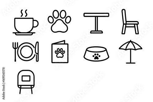 Pet-Friendly Cafe Icons. Outline icon set of Pet-friendly cafes and restaurants: coffee cup, paw print, table,