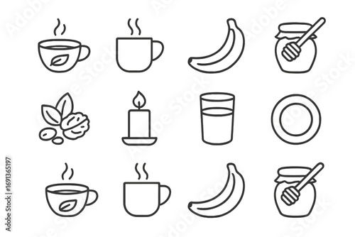 Sleep-Inducing Foods Icons. Outline icon set of Sleep-inducing foods and drinks: herbal tea, warm milk, banana
