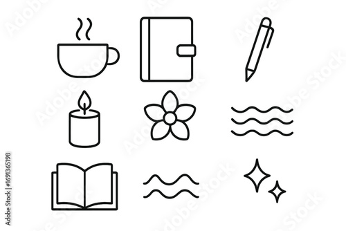 Mindfulness Icon Array. Outline icon set of daily mindfulness: tea cup, journal, pen, candle flame, flower,