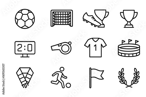 Football Icons Collection. Outline icon set of football achievements: football ball, goal net, golden boot, championship cup,