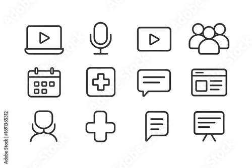 Healthcare Webinar Icons. Outline icon set of healthcare webinars: laptop, microphone, video play button,