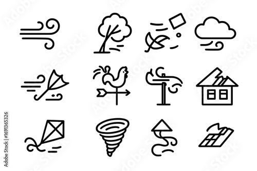 Windstorm Icon Set. Outline icon set of Wind storms: wind gust, swaying tree, flying debris, umbrella flipping