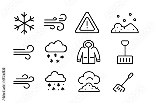 Winter Storm Icons. Outline icon set of Winter storms: snowflake, blizzard, icy road, snowdrift, wind,