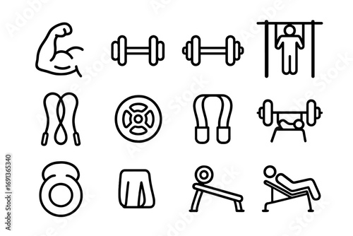 Strength Training Icons. Outline icon set of strength training: flexed arm, dumbbell, barbell, pull-up figure,