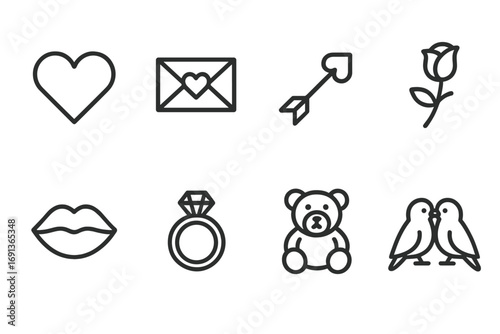 Sweetheart Icon Set. Outline icon set of sweetheart: heart shape, love letter, cupid arrow, rose flower, kissing lips, engagement