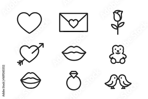 Sweetheart Icon Set. Outline icon set of sweetheart: heart shape, love letter, cupid arrow, rose flower, kissing lips, engagement