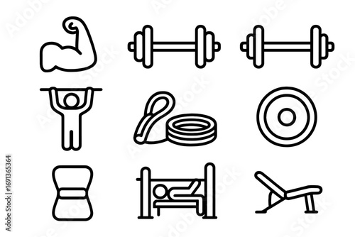 Strength Training Icons. Outline icon set of strength training: flexed arm, dumbbell, barbell, pull-up figure,