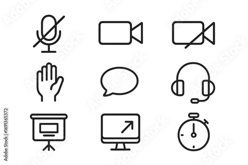 Video Calling Icons. Outline icon set of Video conferencing etiquette: microphone mute, video on/off, raise