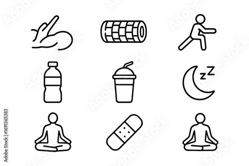 Muscle Recovery Icons. Outline icon set of recovery and muscles: massage hand, foam roller, stretching figure,