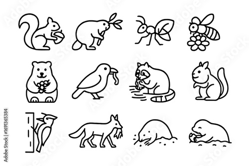 Foraging Icon Set. Outline icon set of Foraging and food storage: squirrel with acorn, beaver carrying branch, ant carrying leaf,