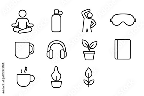 Remote Work Wellbeing Icons. Outline icon set of Employee wellbeing in remote work: meditation, water bottle,
