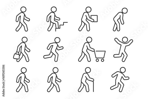 Daily Movement Icons. Outline icon set of daily movement muscles: walking figure, climbing stairs, lifting box