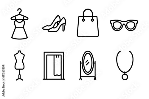 Fashion Icon Set. Outline icon set of fashion shopping: dress on hanger, shoes, shopping bag, sunglasses,
