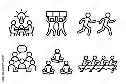 Team Activity Icons. Outline icon set of team activities: group brainstorming, team lifting, relay race, group discussion,