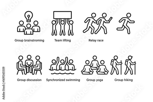 Team Activity Icons. Outline icon set of team activities: group brainstorming, team lifting, relay race, group discussion,