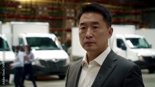 Wallpaper Mural Asian Executive at Logistics Warehouse with Delivery Vans Torontodigital.ca