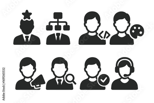 Team Roles Icons. Solid, filled icon set of team roles: leader, manager, developer, designer, marketer, analyst, tester, support.
