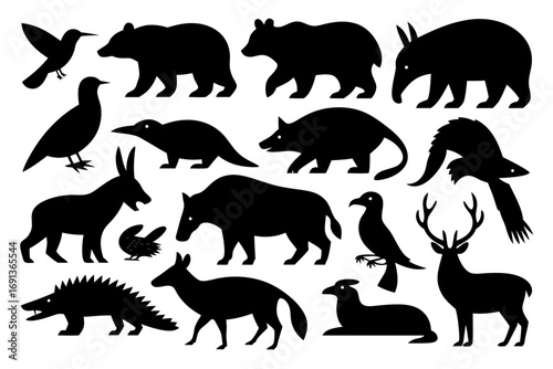 Diverse Wildlife Silhouette Vector Collection Featuring Opossum, Bear, Deer, and Bird Silhouettes