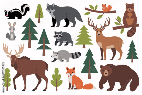 A charming vector set of North American woodland animals like the moose, bear, fox, deer, raccoon, skunk, beaver, and opossum isolated on white