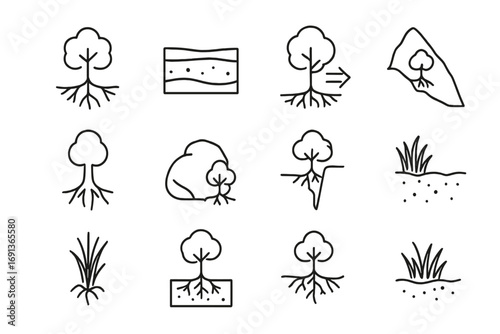 Plant Anchorage Icons. Outline icon set of plant anchorage: tree roots, soil layers, strong trunk, wind arrow,
