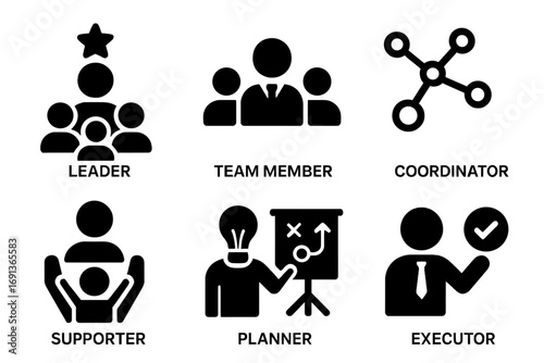 Teamwork Roles Icons. Solid, filled icon set of teamwork roles: leader, team member, manager, coordinator, supporter, innovator,