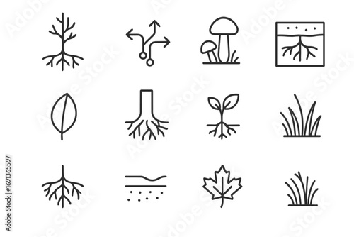 Forest Root Icon Set. Outline icon set of forest root systems: tree roots, network arrows, mushrooms, soil