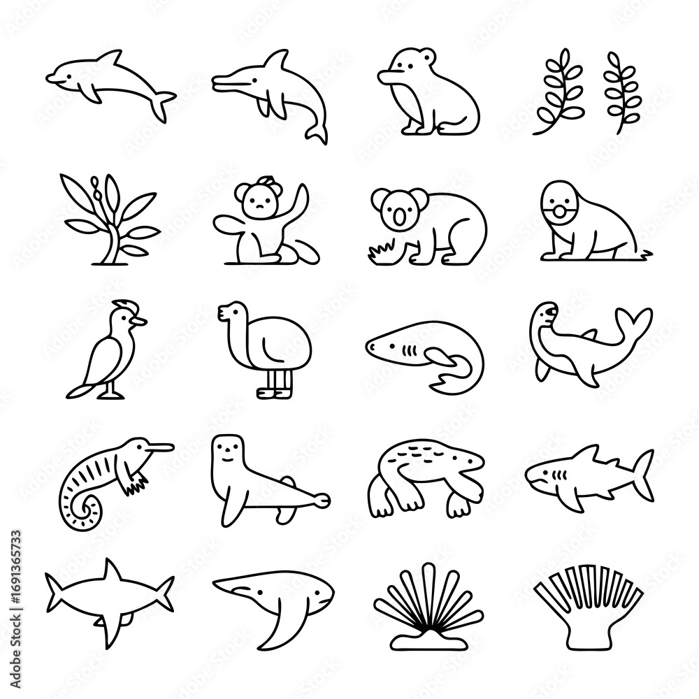 Obraz premium Diverse Animals and Marine Life Line Art A Collection of Mammals, Birds, and Ocean Creatures in Vector Style