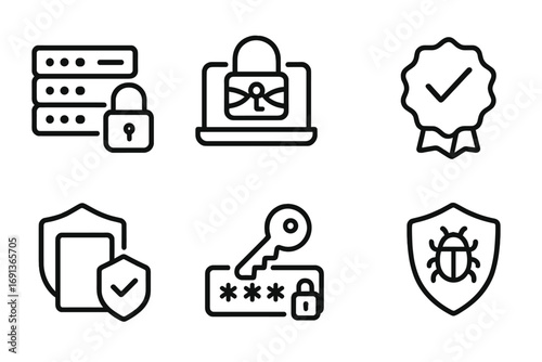Tech Security Icons. Outline icon set of trust in technology: secure server, encryption, firewall, verified badge, data protection